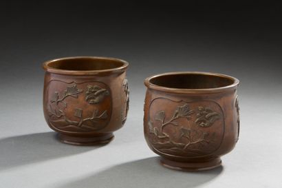 null JAPON 


Deux petits cache pots en bronze à patine brune décorés en léger relief...
