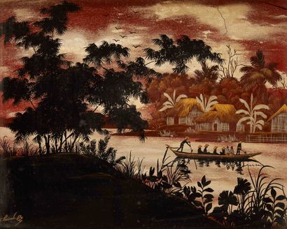 null VIETNAM


Plaque rectangulaire en laque peinte représentant un paysage fluvial...