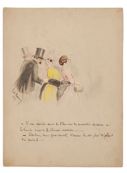 null DE BEAUMONT (XIX CENTURY) "The Importun"
Watercolor drawing, with handwritten...