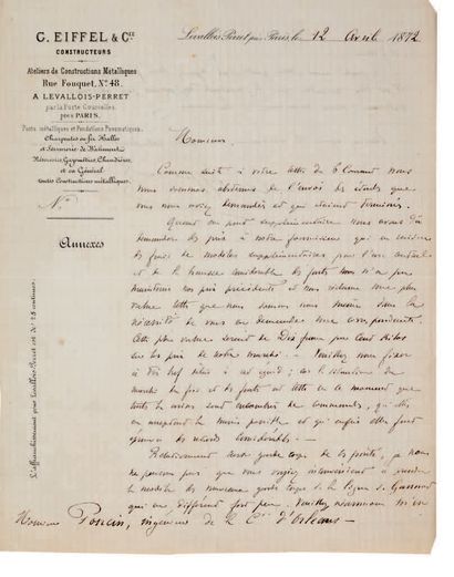 [EIFFEL (Gustave)] Autograph letter signed addressed to Mr. Poncin, engineer of the...