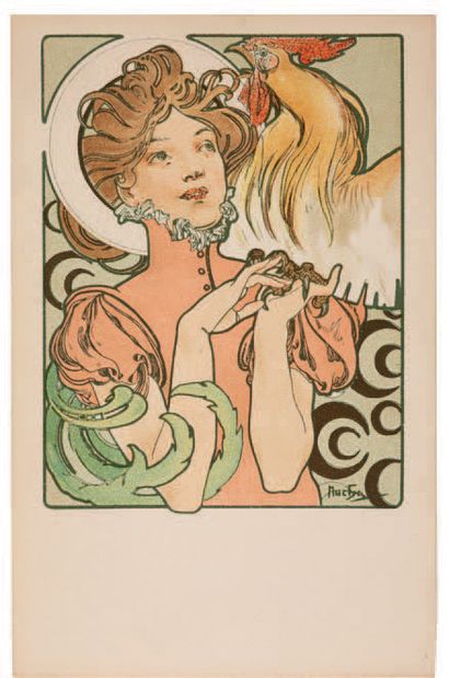 Alphonse MUCHA (1860-1939) "COCORICO - Woman with a rooster"
Uncirculated, good ...