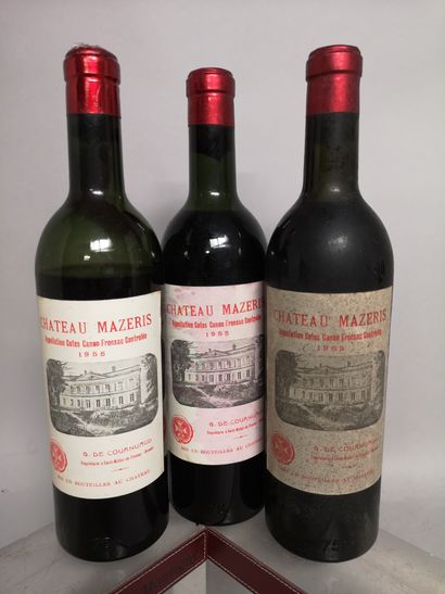 null 3 bouteilles Château MAZERIS - Canon Fronsac 1955

2 étiquettes tachées. 2 légèrement...