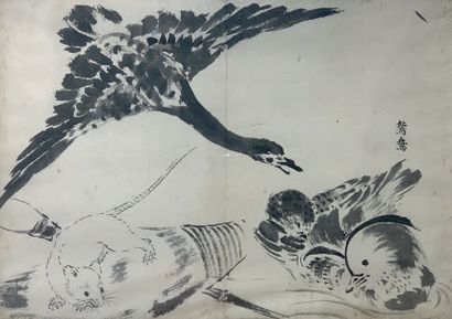 CHINE Dessin à l'encre de chine représentant un canard mandarin, une oie volant et...