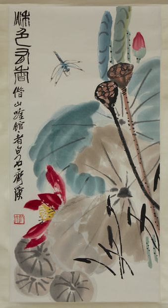 CHINE Rouleau encre et couleur sur papier reprise de la peinture de QIBAISHI "libellule...