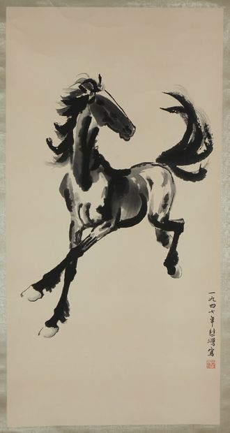 CHINE Rouleau encre noir sur papier représentant un cheval , reprise de la peinture...