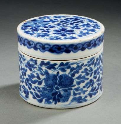 CHINE Boîte cylindrique couverte en porcelaine décorée en bleu sous couverte de fleurs
Fin...