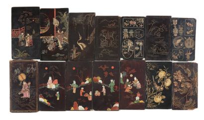 CHINE Small set composed of two series of small panels of screens, ten of which are...