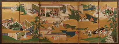 JAPON Paravent à six feuilles décorées à la gouache et aquarelle figurant des scènes...