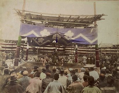 null Sumotori fight, Tokyo, 1890
Albumen enhanced with watercolor, small flaws but...