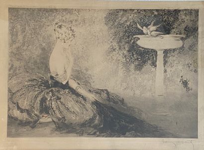 null Louis ICART (1888-1950)

Elégante et colombes

Lithographie en noir.

Porte...