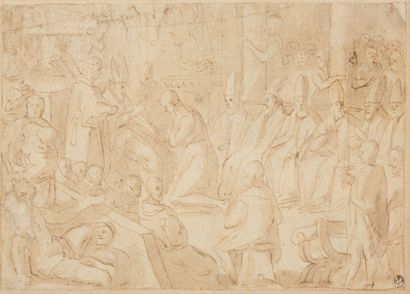 Ecole italienne du XVIIe siècle A papal audience Pen and brown ink, brown wash. Bears...