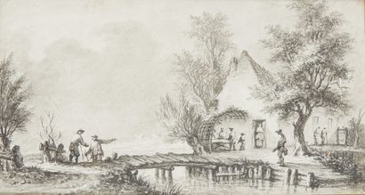 AIGNAN-THOMAS DESFRICHES (ORLÉANS 1715 - 1800) La maison natale et l'artiste au bord...