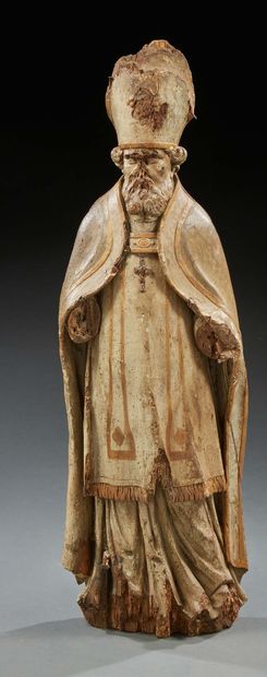null Statue en tilleul sculpté, doré et rechampi crème sous la forme d'un évêque...
