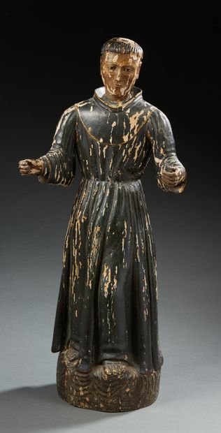 null Statue en ronde-bosse en bois sculpté représentant un moine franciscain, les...