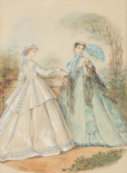 Héloïse LELOIR (Paris 1819 - 1873) The two friends in a park, fashion drawing The...