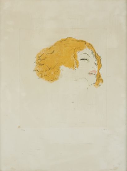 null Marcel VERTES (1895 - 1961) 

Femme blonde de trois quart. 

Gravure en couleurs...