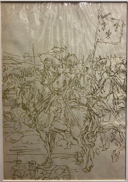 null French school of the XIXth century

A monarch on horseback on a battlefield

The...