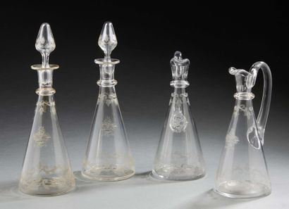 France Four carafes out of cut crystal, two of which of truncated form with their...