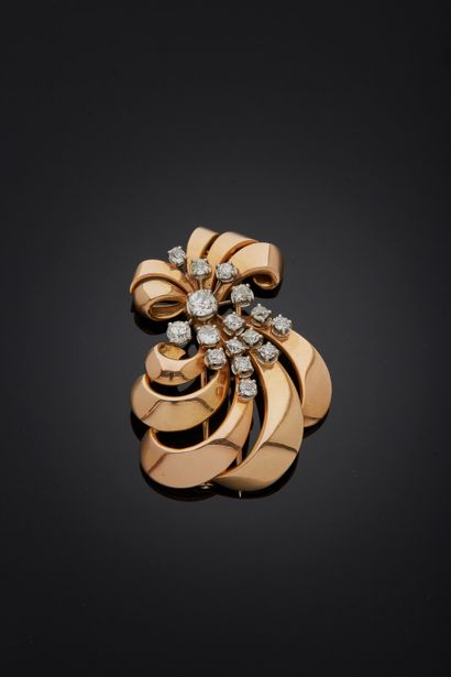 null Pink gold and platinum scroll brooch, the heart of the design set with old-cut...