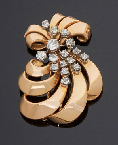 null Pink gold and platinum scroll brooch, the heart of the design set with old-cut...