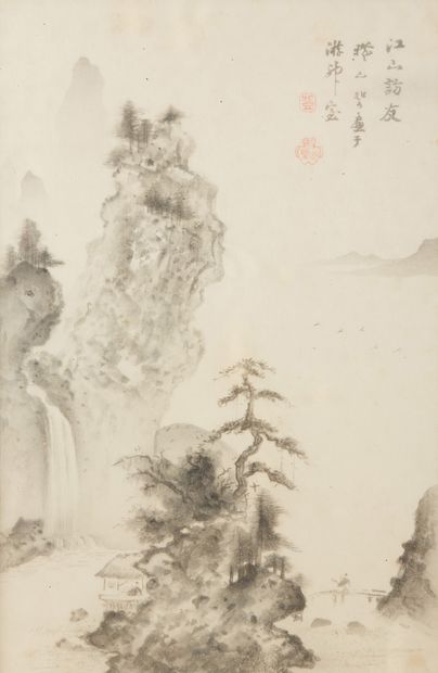 CHINE, XXe siècle Encre noire sur papier, illustrant le poème calligraphié en haut...