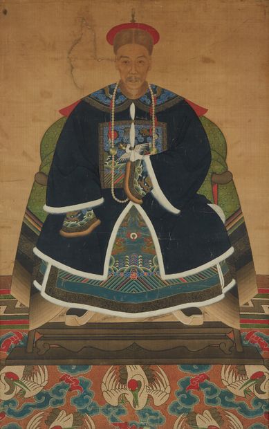 CHINE, fin XIXe siècle Portrait d'ancêtre à l'encre et couleurs sur soie représentant...