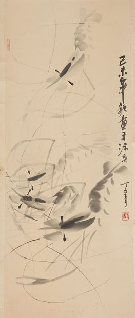 CHINE, XXe siècle Encre noire sur papier représentant des insectes.
Signée Ding Yunqing...