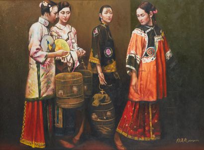 CHINE, XXe siècle, d'après une oeuvre de l'artiste « CHEN YIFEI » Gouache sur panneau...