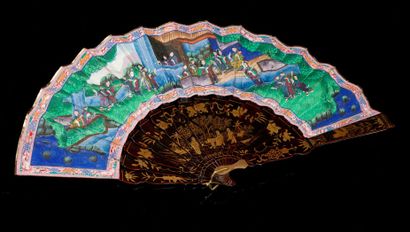 CHINE, CANTON fin du XIXe siècle Éventail peint en couleurs sur papier à décor double...