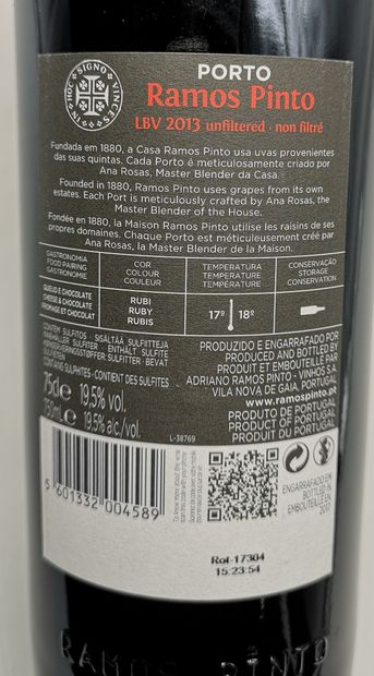 null 6 bouteilles PORTO Rouge "Late Bottled" 2013 (Non filtré) - RAMOS PINTO