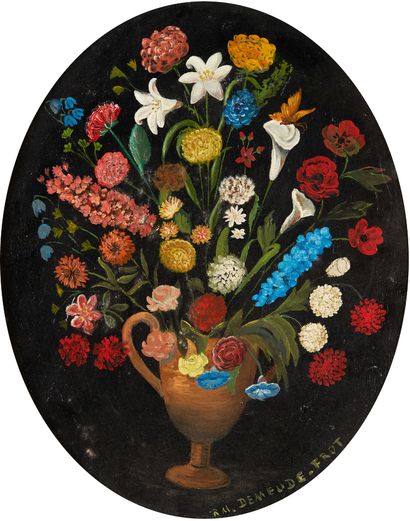 DEMEUDE FROT (Actif au XIXe siècle) Bouquet de fleurs
Panneau ovale
Signé en bas...