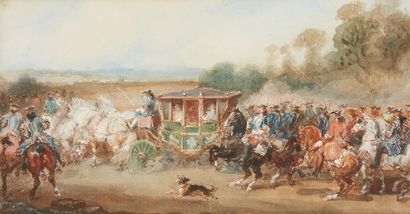 Eugène LAMI (Paris 1800 - 1890) Un équipage militaire escortant un carrosse
Aquarelle...