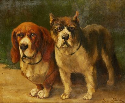 Edmond VAN DER MEULEN (1841-1905) Portrait de chiens
Huile sur toile signée en bas...