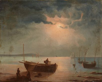 Ecole FRANCAISE de la fin du XIXe siècle Barques au soleil couchant
Sur sa toile...