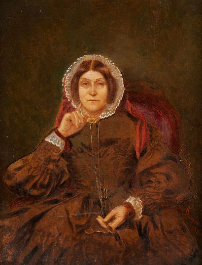 Alfred Henri DARJOU (Paris 1832 - 1874) Portrait de femme assise
Sur sa toile d'origine
Signée...