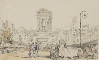 William WYLD (Londres 1806 - Paris 1889) Scène de marché
Crayon noir et rehauts d'aquarelle
Signée...