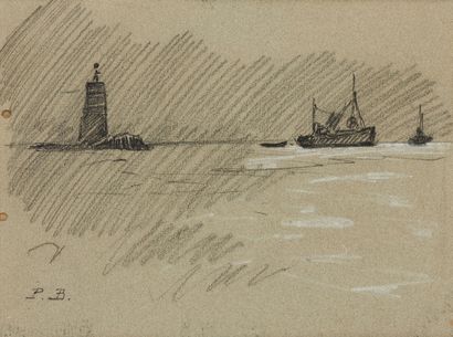 Pierre BRETTE (1905-1961) Voiliers près d'un phare
Crayon et craie blanche sur papier...
