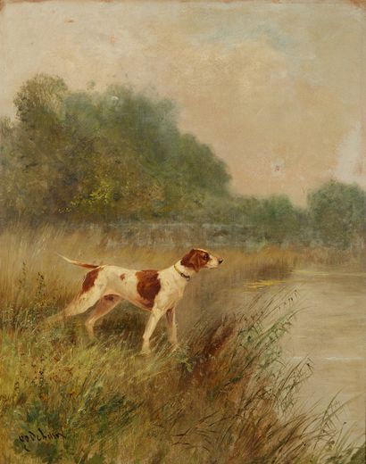 GODCHAUX (XIXe-XXe siècle) Chien à l'arret au bord d'un étang
Huile sur toile signée...