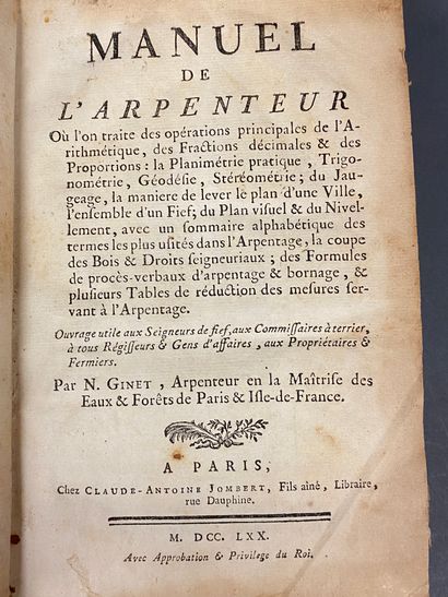 null GINET "Manuel de l'arpenteur". 1770 - 1 volume in-8

Déchirures et manques.

Non...