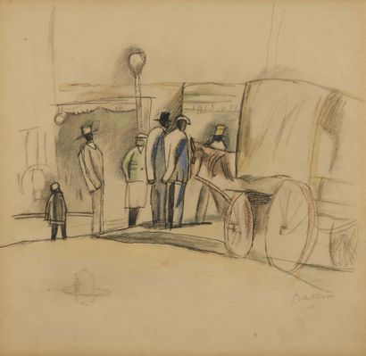 null Drawing signed lower right Pascin "Characters in front of a cart".

18 x 19...
