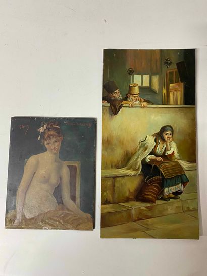 null Set of two oils, one depicting a female nude annotated and signed at the top....