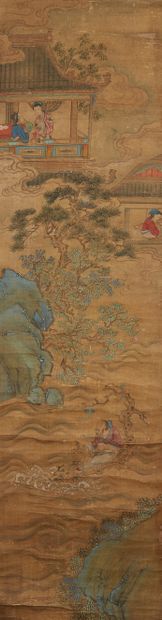 CHINE, début XXe siècle Set of three ink and color scroll paintings on silk representing...