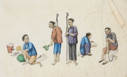 CHINE Canton fin XIXe siècle Suite de six peintures sur papier de riz représentant...