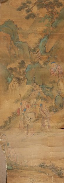 CHINE, début XXe siècle Set of three ink and color scroll paintings on silk representing...