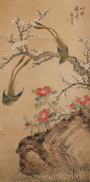 CHINE, XXe siècle Painting mounted on a scroll with ink and polychrome on paper decorated...