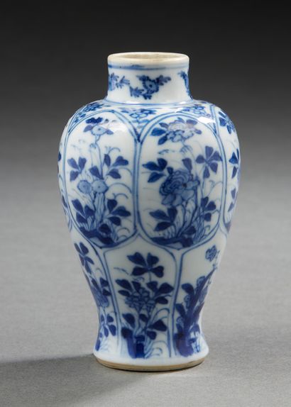 CHINE, Epoque Kangxi Petit vase de maîtrise en porcelaine bleu blanc à décor en médaillons...