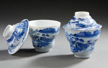 VIETNAM, XIXe siècle Paire de coupes couvertes en porcelaine bleu blanc à décor de...