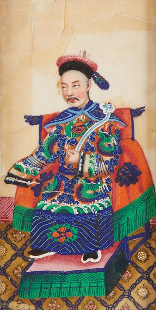 CHINE, Canton, Fin XIXe siècle Deux gouaches sur papier de riz représentant un portrait...