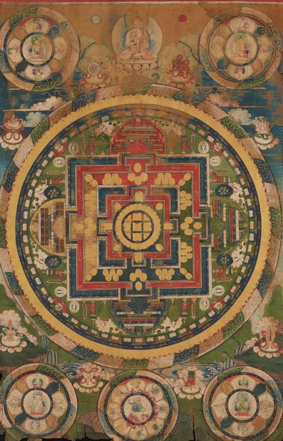 TIBET, Fin du XIXe siècle Mandala à l'encre, couleurs et rehauts d'or sur toile à...
