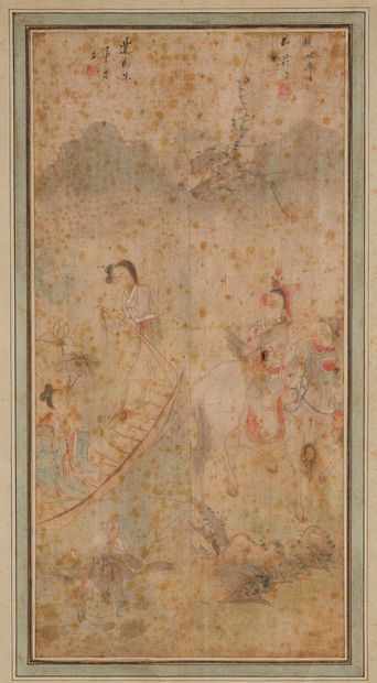 CHINE, Fin XIXe siècle Suite of two color paintings on silk representing characters...